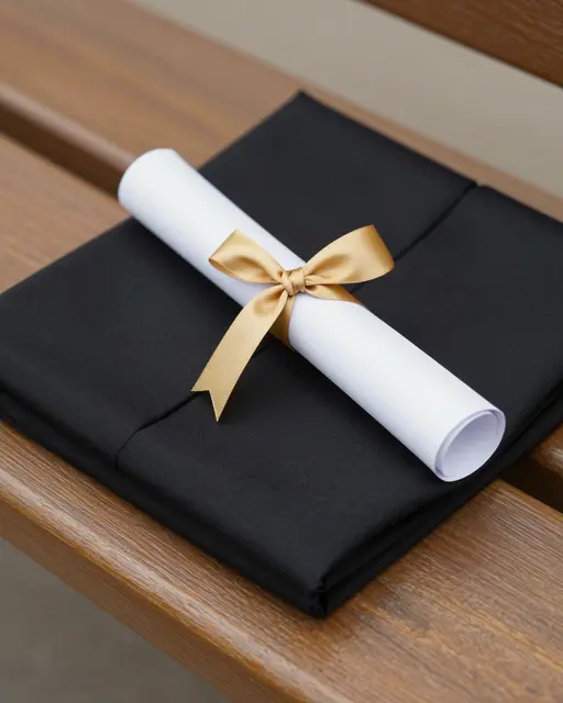 A rolled white diploma tied with a gold bow rests on a folded black graduation gown atop a wooden bench.