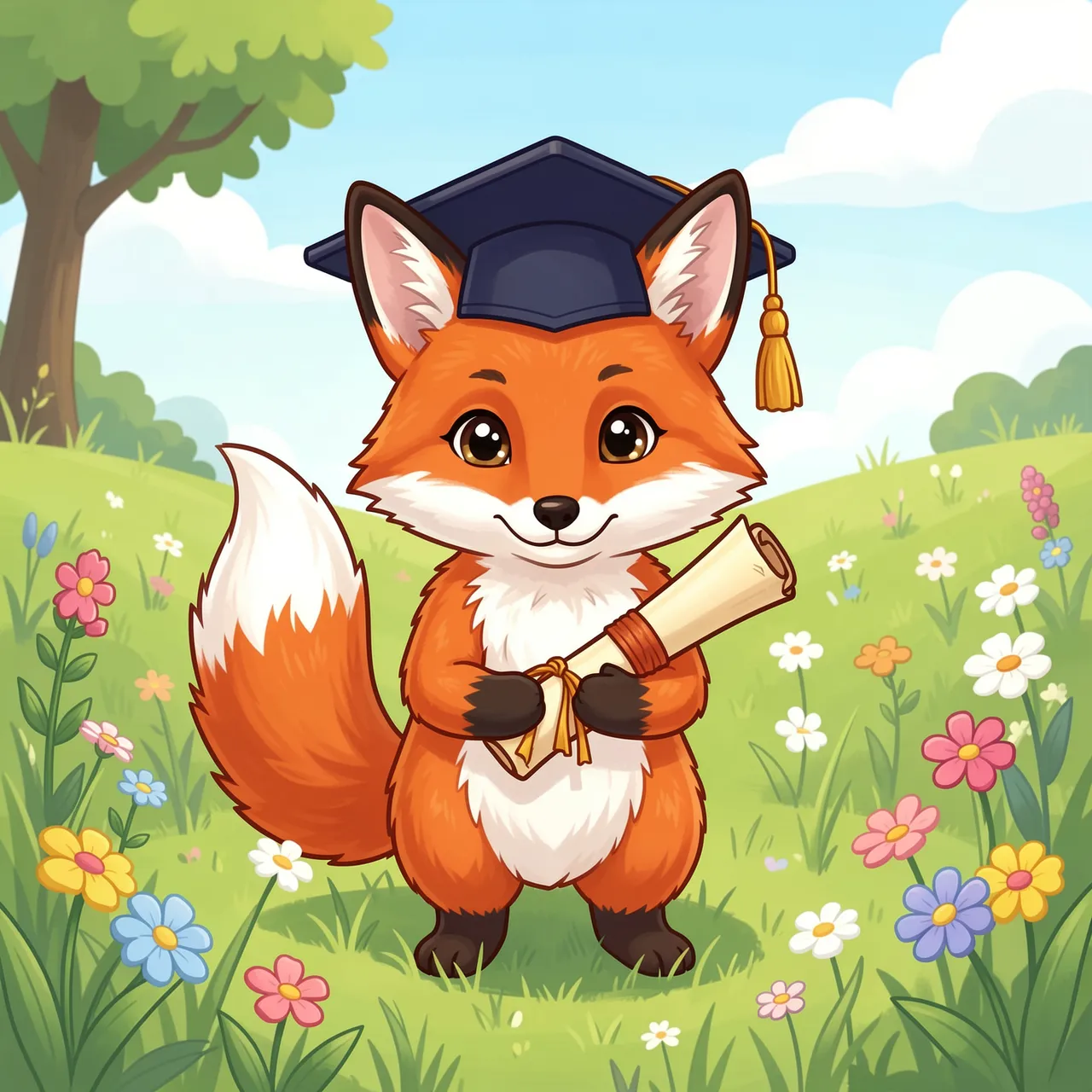 A cute illustrated red fox wearing a graduation cap holds a diploma scroll in a sunny flower-filled meadow.