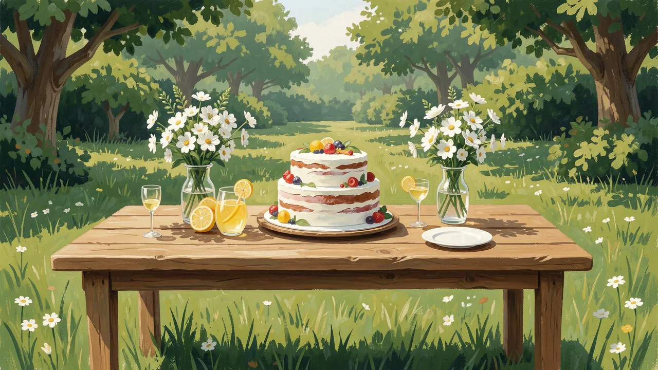 Wooden garden table holds a two-tier cake, lemonade drinks and white daisy arrangements in a sunlit park