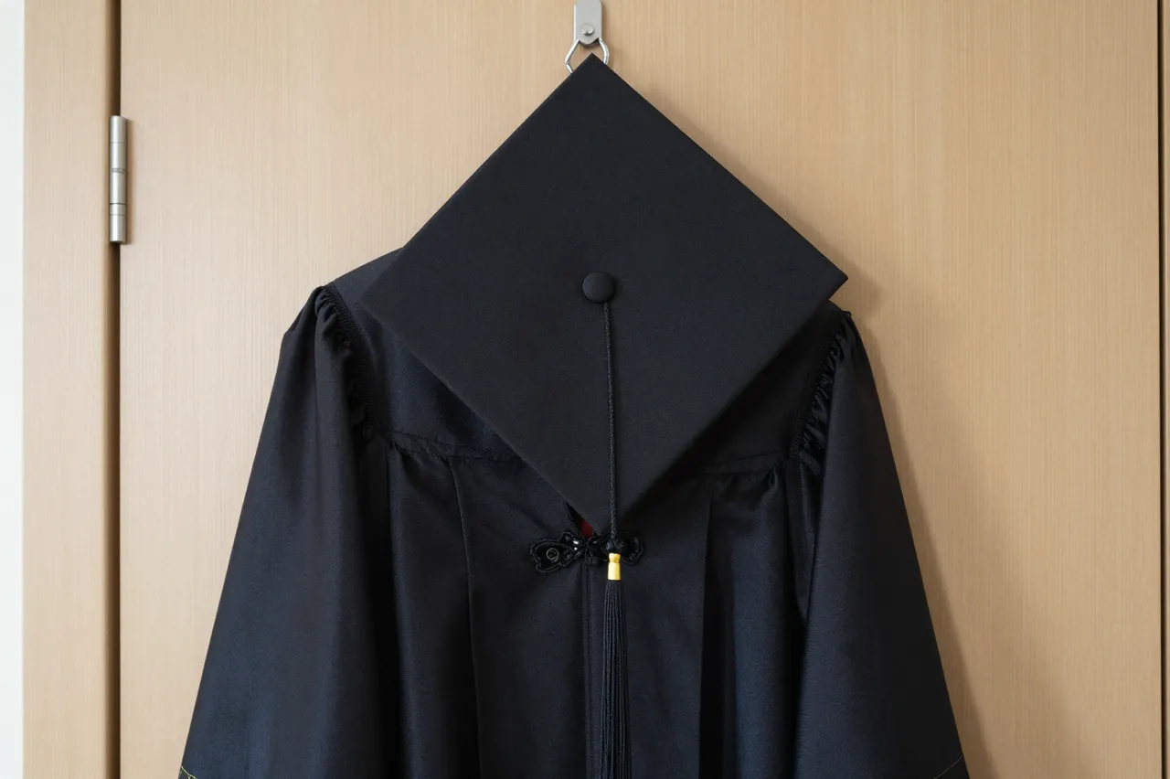 Black graduation cap and gown hang from a small metal hook on a light wooden interior door