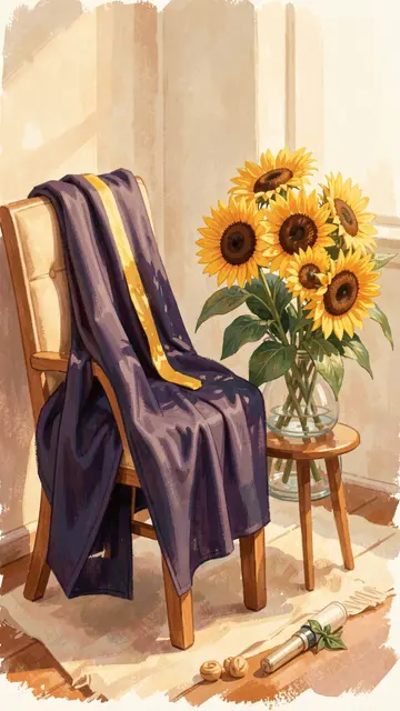 Gouache illustration of a draped graduation gown on a chair beside sunflowers in warm afternoon window light
