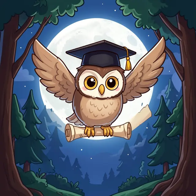 Cute illustrated owl wearing a graduation cap holds a diploma scroll in front of a full moon over a night forest