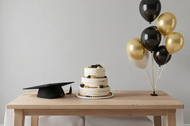 Wooden party table holds a three tier cake, graduation cap and black and gold balloons against an empty gray wall