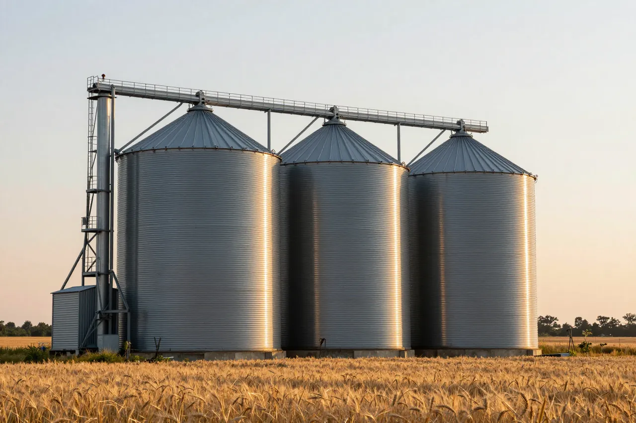 Three metal grain silos stand at the edge of a ripe wheat field under a pale sunset sky