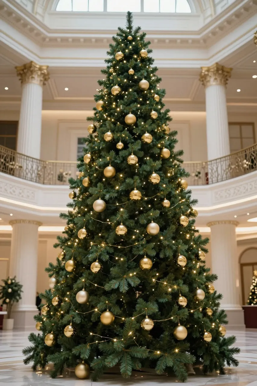 Tall decorated Christmas tree with gold baubles and lights standing in an elegant columned grand hall