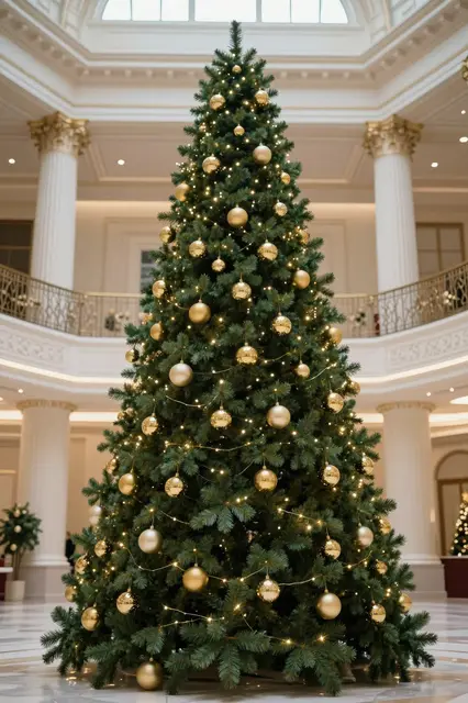 Tall decorated Christmas tree with gold baubles and lights standing in an elegant columned grand hall
