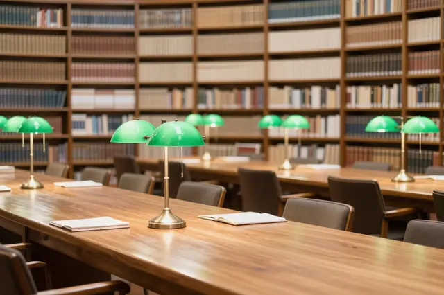 Polished wooden reading tables with green banker lamps sit in front of tall bookshelves lined with books