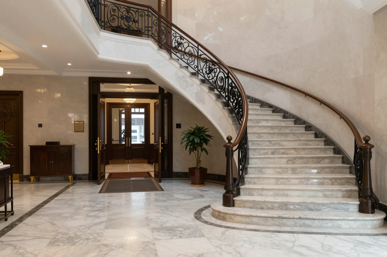 Luxury entrance hall featuring a curved marble staircase, polished marble flooring and classic interior details