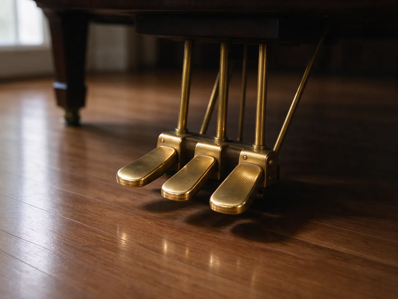 Close-up of three polished brass grand piano pedals resting on a hardwood floor lit by soft window light