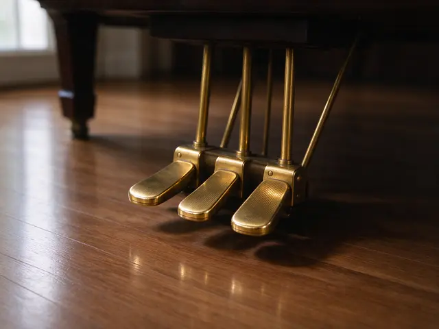 Close-up of three polished brass grand piano pedals resting on a hardwood floor lit by soft window light