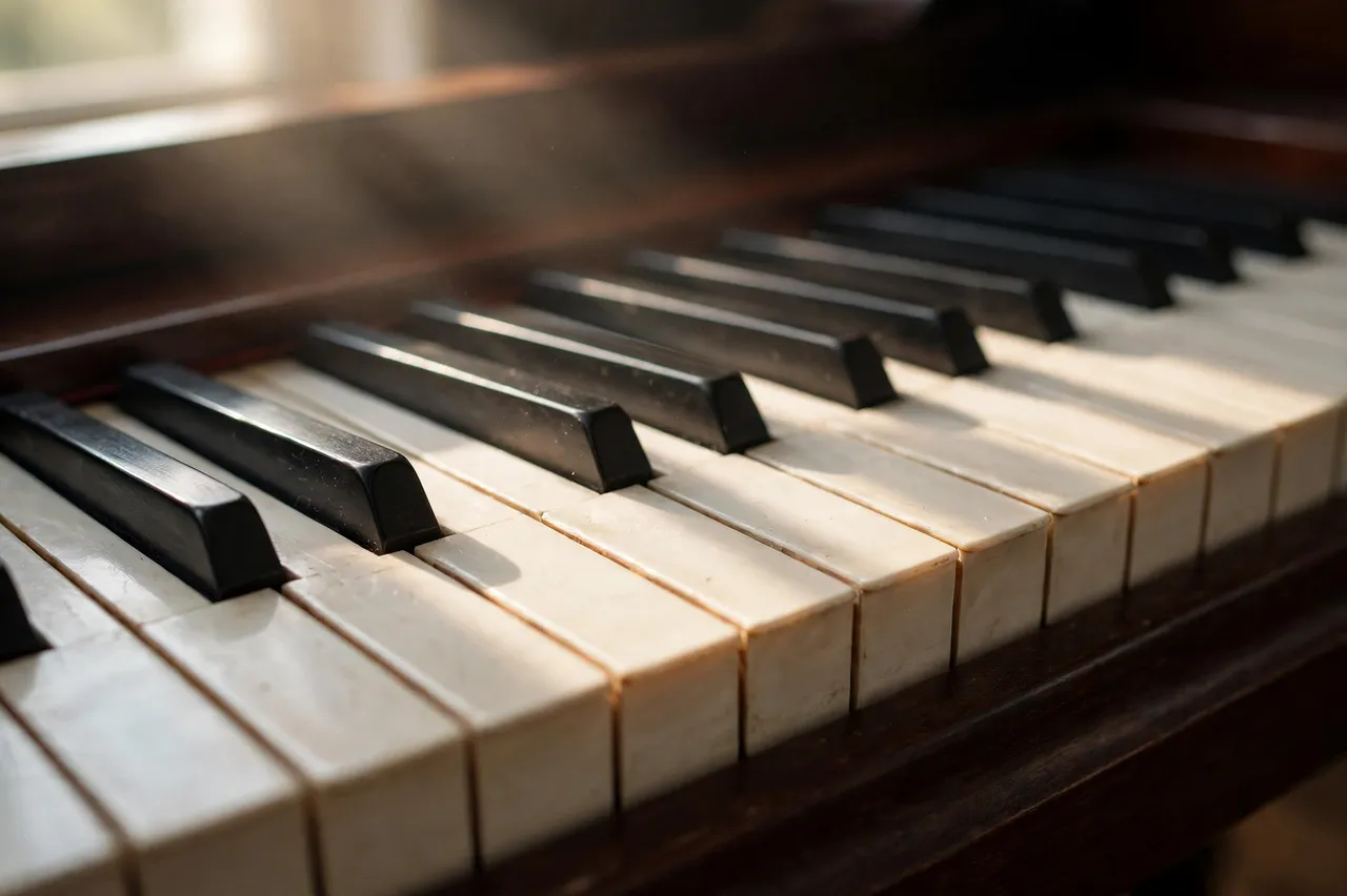 Soft warm light falls across a close-up view of vintage grand piano keys