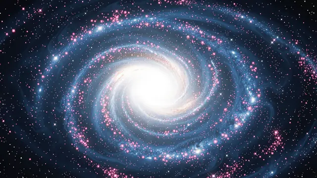 A sweeping spiral galaxy with bright white core, blue arms dotted with pink star clusters set against dark space