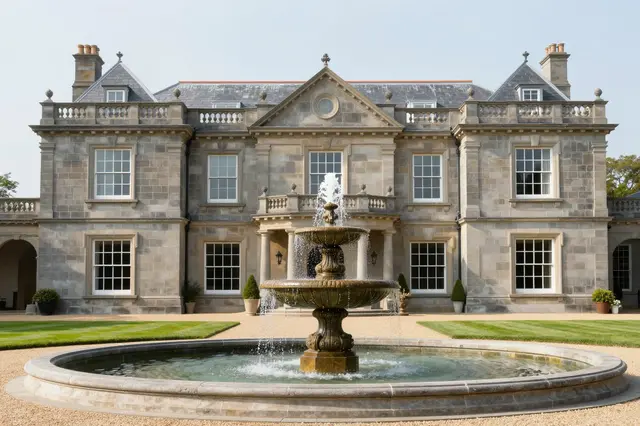 A symmetrical classical stone mansion stands behind an ornate tiered fountain in its sunlit front garden.