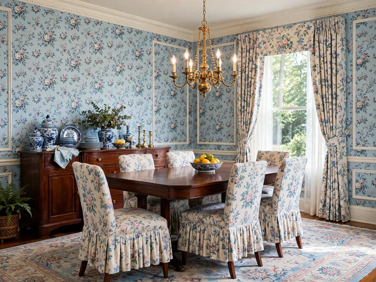 Bright grandmillennial dining room with floral wallpaper, mahogany table, and brass chandelier