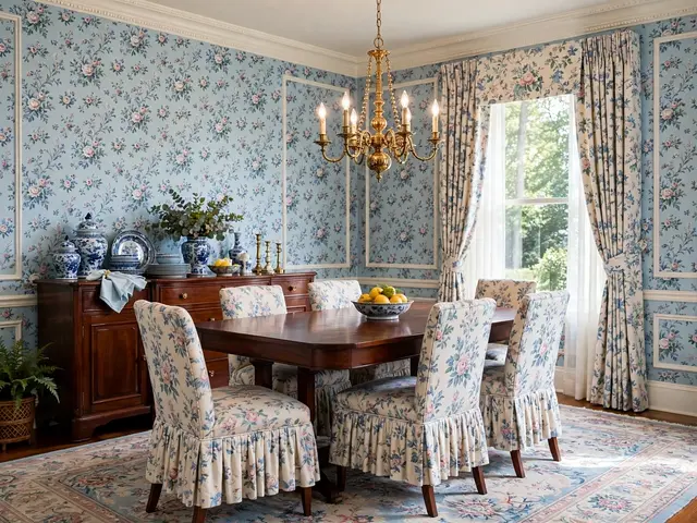 Bright grandmillennial dining room with floral wallpaper, mahogany table, and brass chandelier
