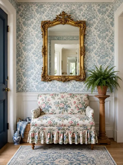 A tidy grandmillennial entryway with chintz bench, gilt mirror, fern on a wooden pedestal and blue floral wallpaper
