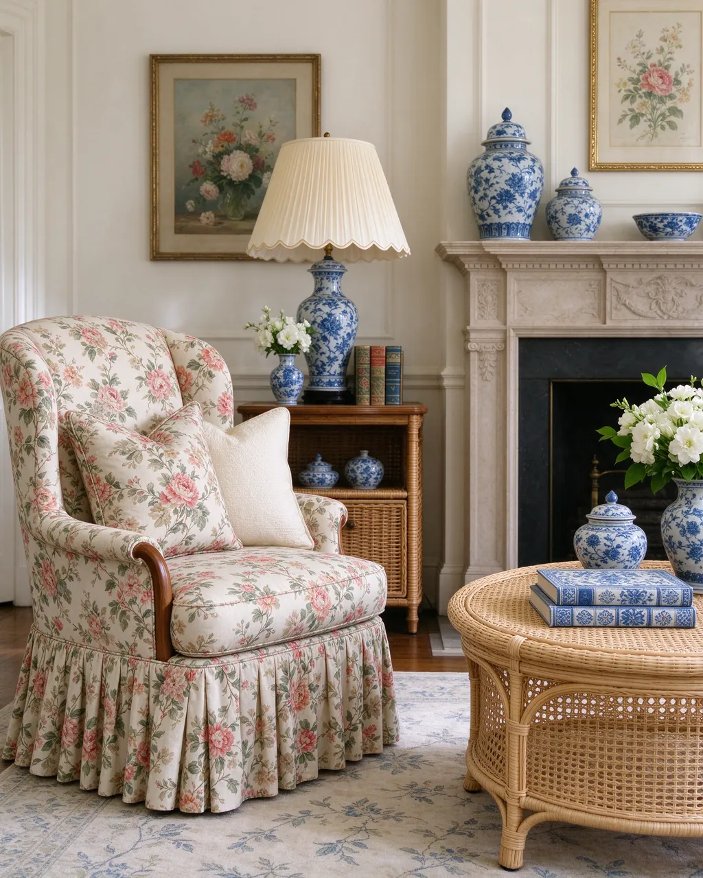 Traditional grandmillennial living room with chintz armchair, wicker furniture and blue and white porcelain decor beside a
