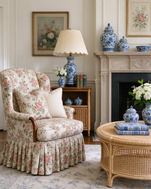 Traditional grandmillennial living room with chintz armchair, wicker furniture and blue and white porcelain decor beside a