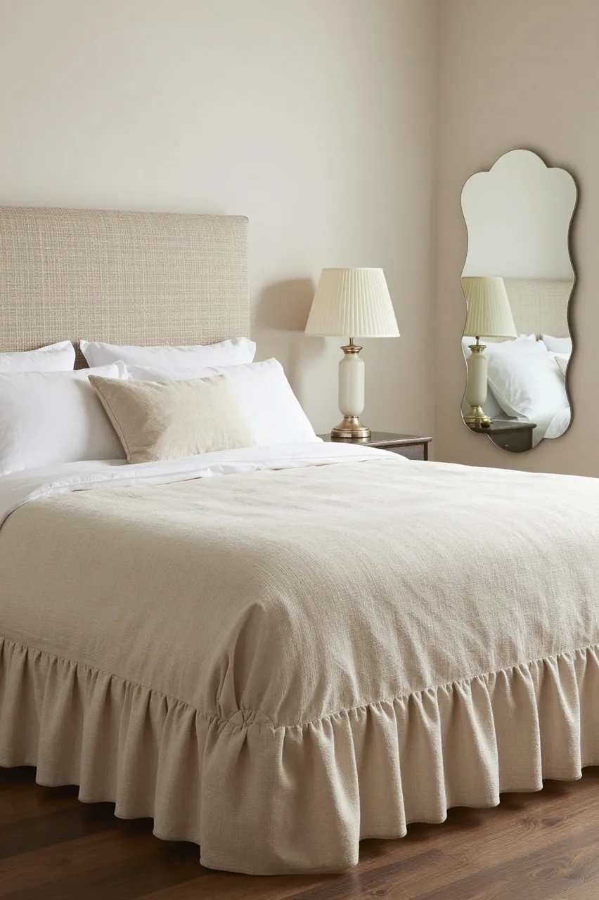 A tidy grandmillennial style bedroom with a ruffled bed skirt, pleated lamp, and scalloped wall mirror