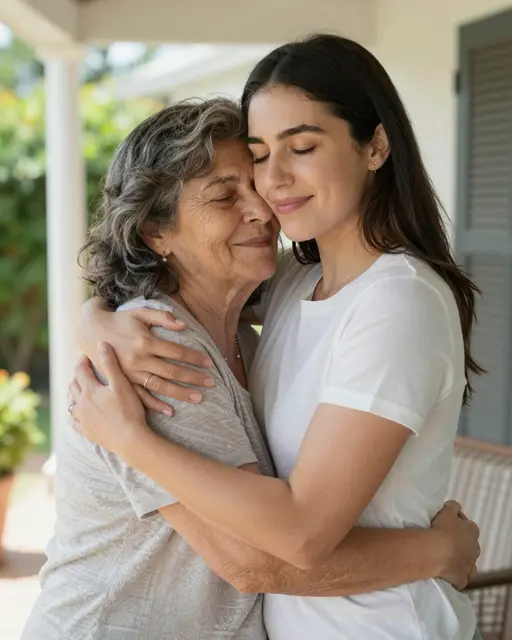 Two generations of Latina women embrace with closed eyes on a sunlit home porch