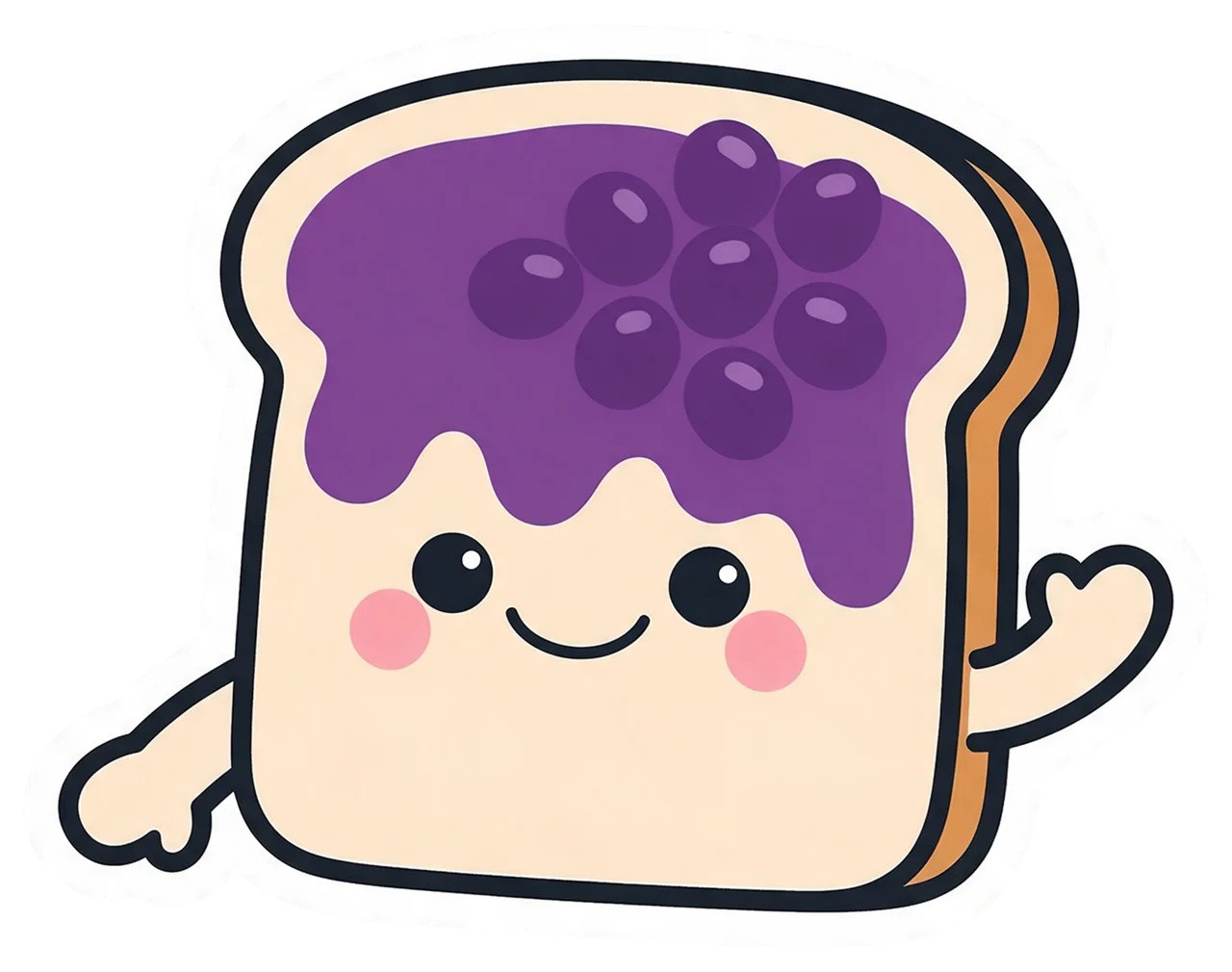 Cute cartoon toast slice with purple grape jelly waves cheerfully with one arm