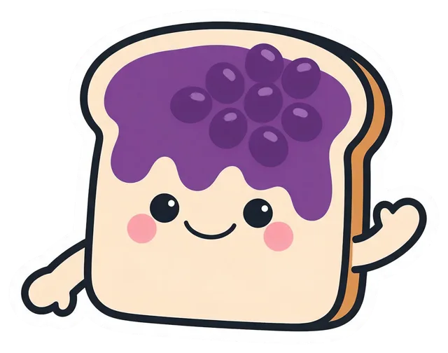 Cute cartoon toast slice with purple grape jelly waves cheerfully with one arm
