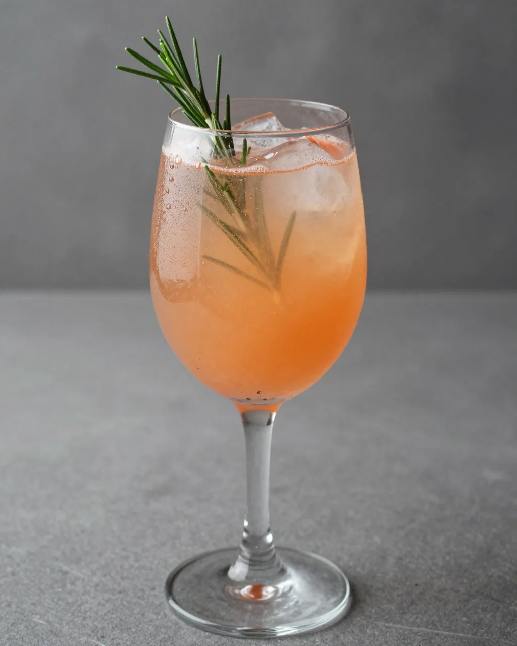 A stemmed wine glass holds a pale orange grapefruit rosemary spritz garnished with fresh rosemary and ice.