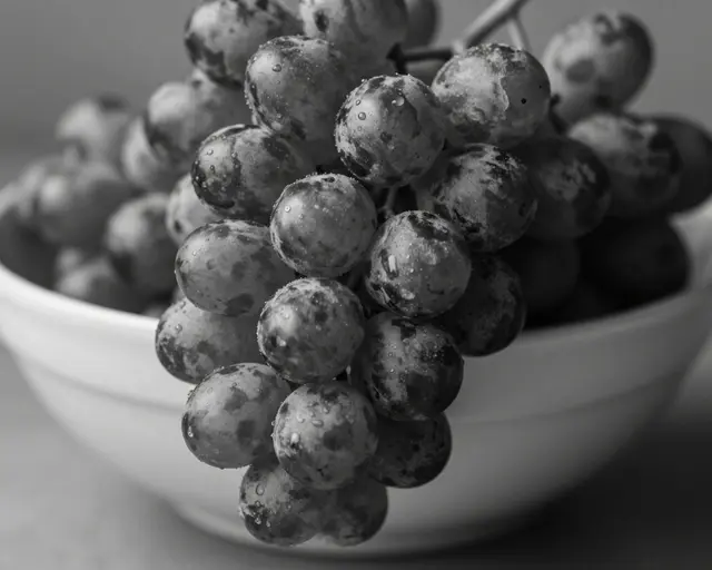 Black and white close-up of a bunch of dewy grapes hanging over the edge of a plain ceramic bowl.