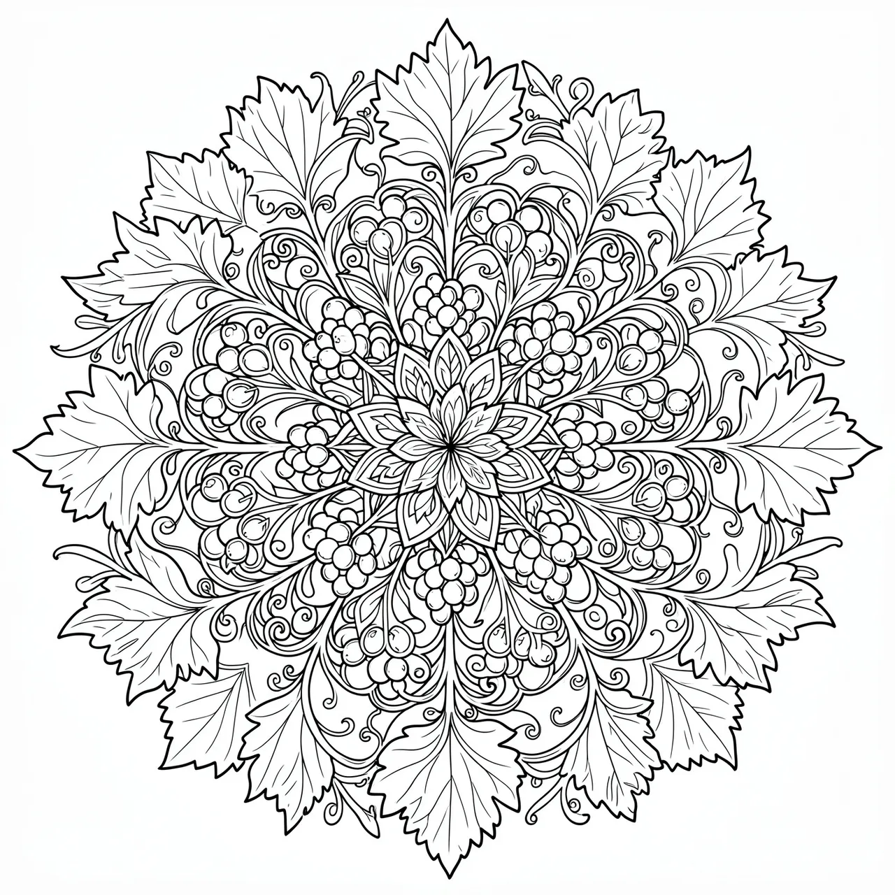 Intricate black and white line art mandala featuring grape clusters, leaves and swirling tendrils on a plain white background