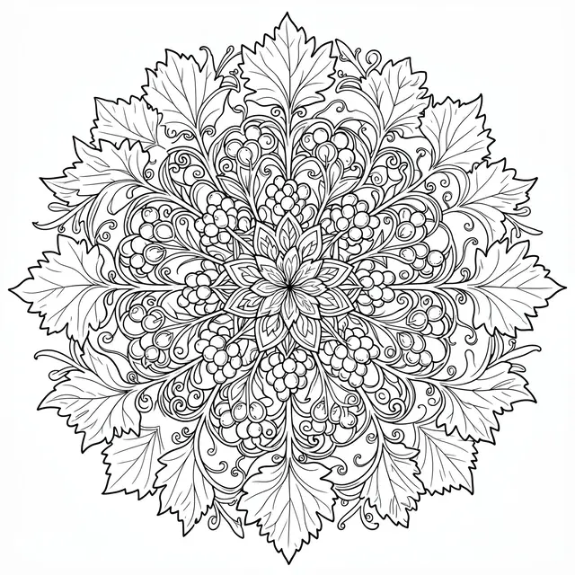 Intricate black and white line art mandala featuring grape clusters, leaves and swirling tendrils on a plain white background