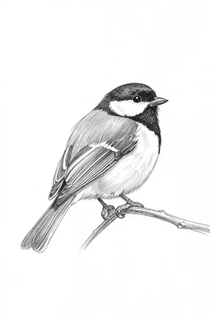 Detailed graphite pencil drawing of a side-view chickadee perched on a thin twig against plain white paper