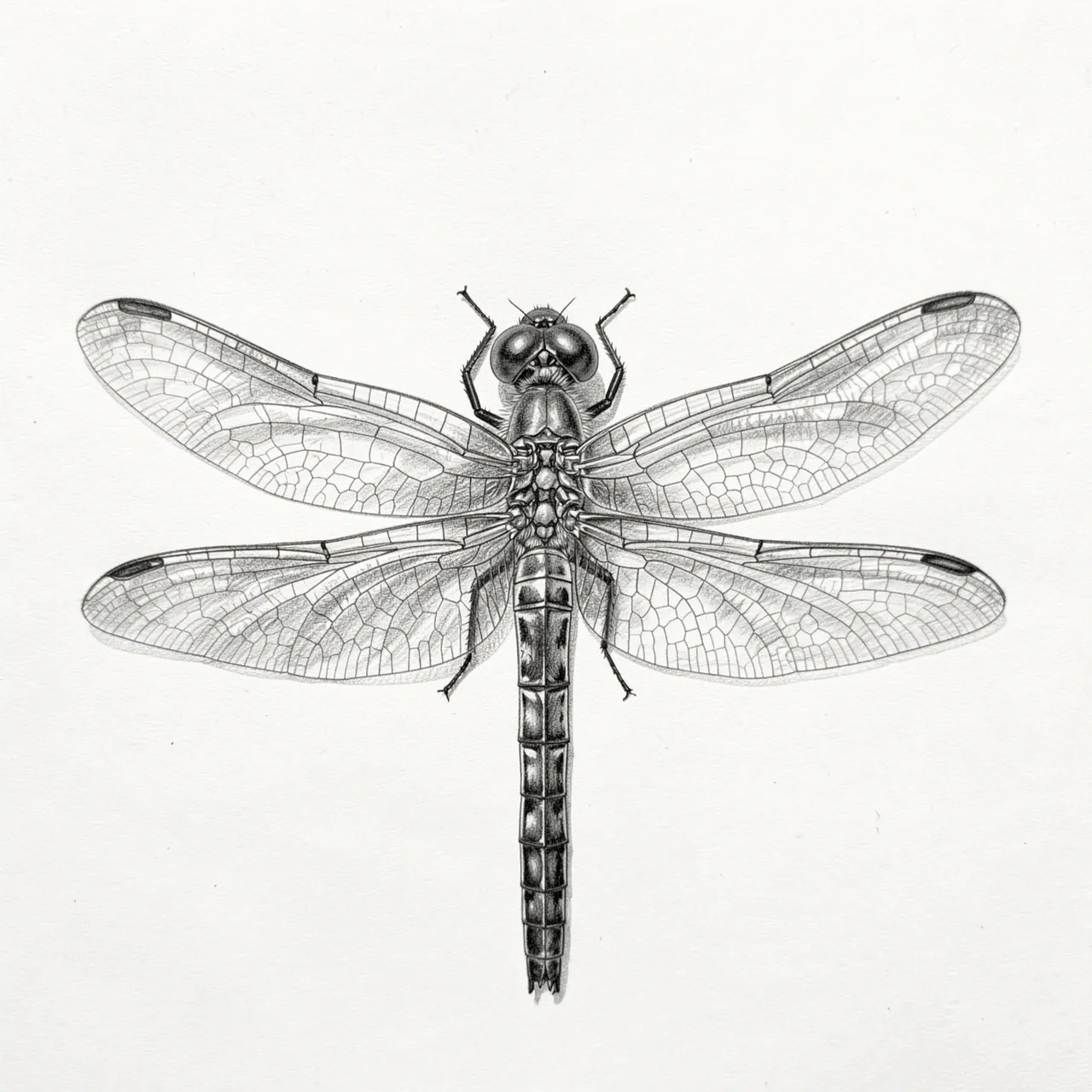 Detailed top-down graphite pencil drawing of a dragonfly with fully outstretched wings on white paper