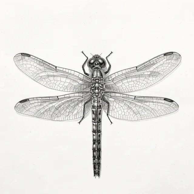 Detailed top-down graphite pencil drawing of a dragonfly with fully outstretched wings on white paper