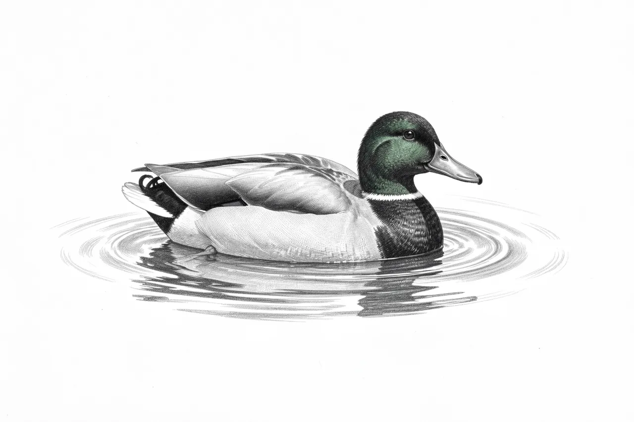 Detailed graphite sketch of a male mallard duck floating on calm rippled water against a plain white background