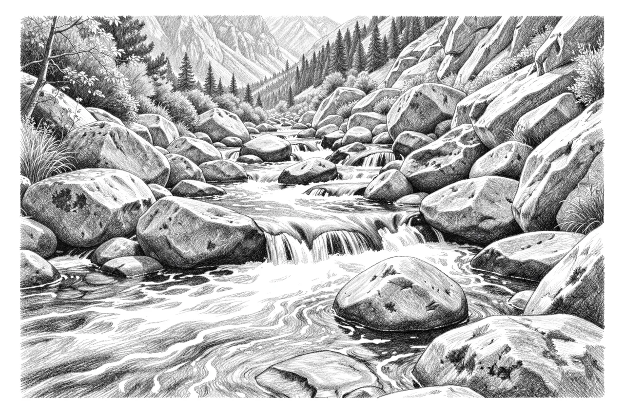 Detailed graphite pencil drawing of a mountain stream flowing over smooth boulders with distant forested peaks
