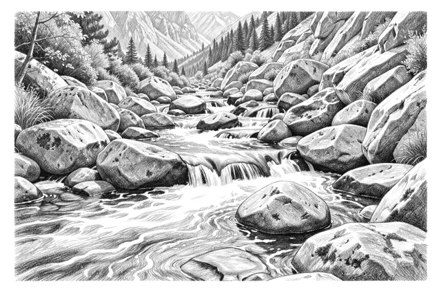 Detailed graphite pencil drawing of a mountain stream flowing over smooth boulders with distant forested peaks