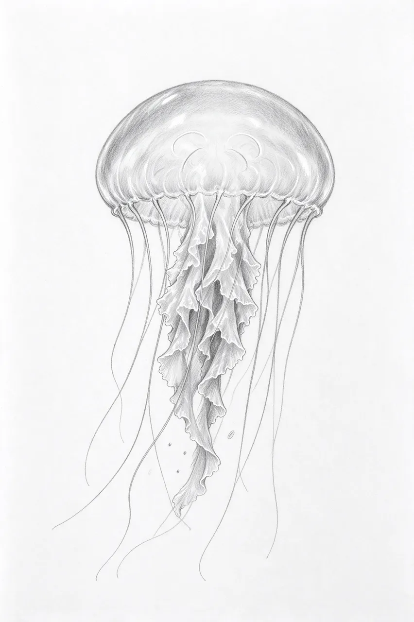 Detailed graphite pencil sketch of a translucent jellyfish on plain white drawing paper