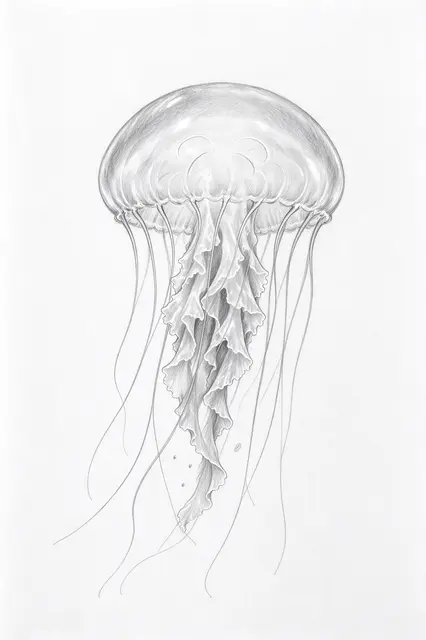 Detailed graphite pencil sketch of a translucent jellyfish on plain white drawing paper