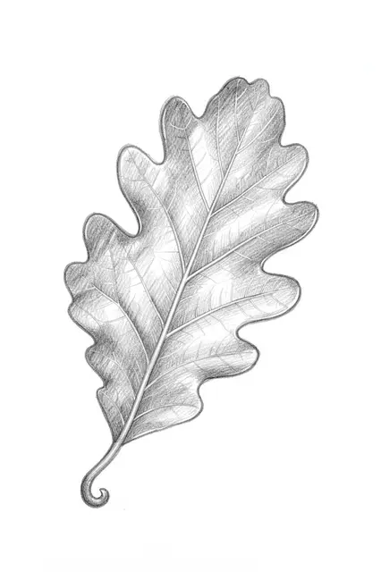 A detailed graphite pencil sketch of a lobed oak leaf on plain white paper