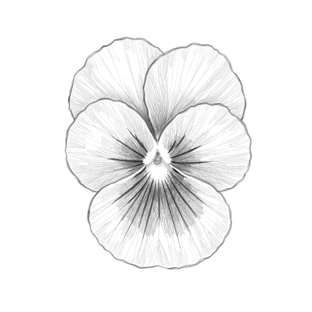 Delicate graphite pencil sketch of a pansy flower on plain white paper