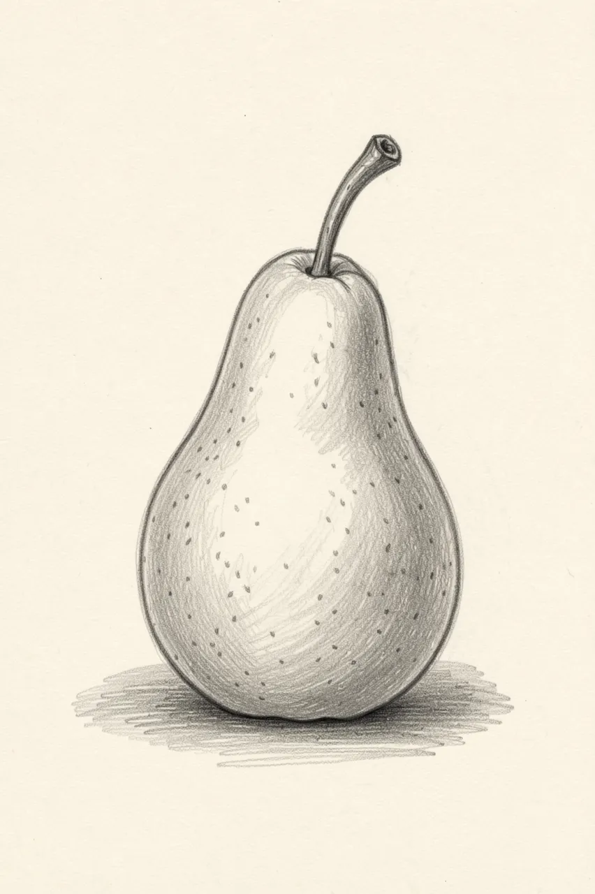 Detailed graphite pencil sketch of a ripe pear with a curled stem and cast shadow on cream paper