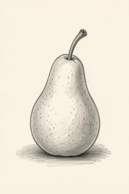 Detailed graphite pencil sketch of a ripe pear with a curled stem and cast shadow on cream paper