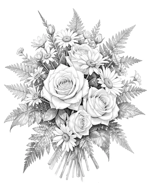 Detailed graphite pencil sketch of a mixed bouquet of roses, daisies, and ferns on white paper