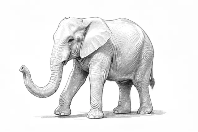 Detailed graphite pencil sketch of a walking elephant with its trunk raised on a plain white background