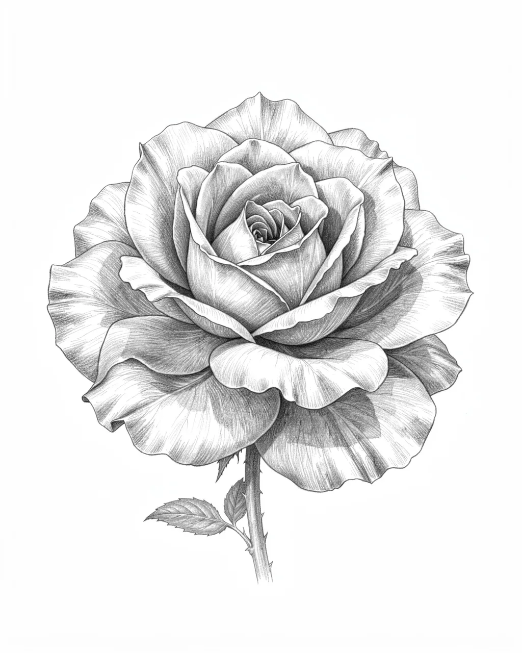 Detailed graphite pencil drawing of a fully open garden rose on plain white paper