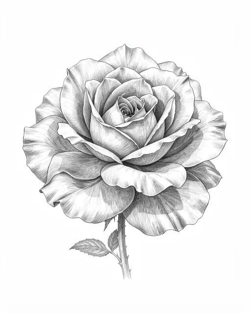 Detailed graphite pencil drawing of a fully open garden rose on plain white paper