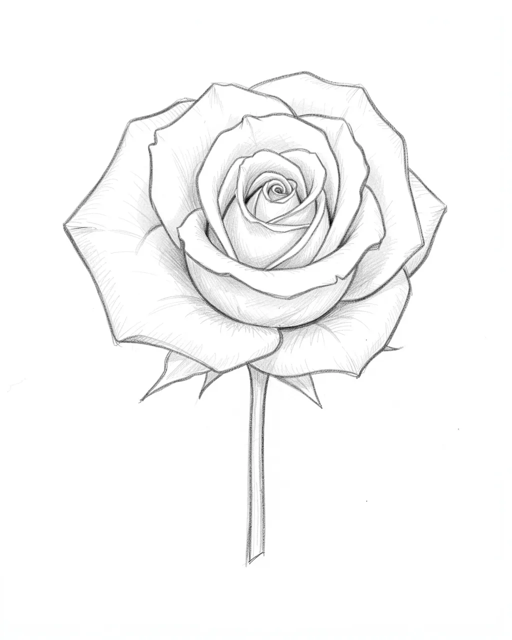 Light graphite pencil sketch of a spiral-petaled rose with a short stem on plain white paper