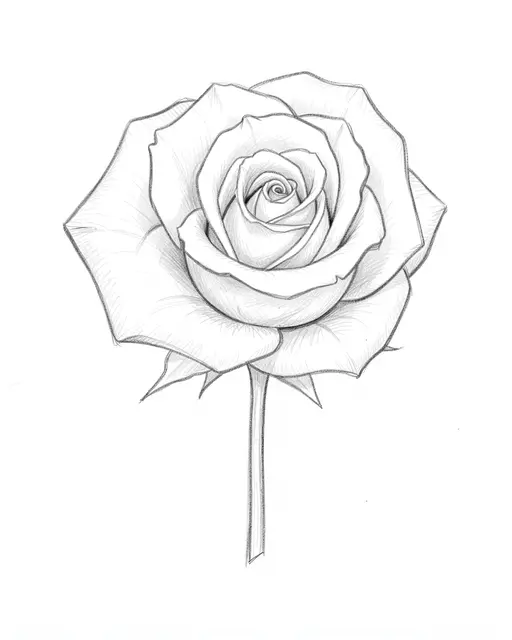 Light graphite pencil sketch of a spiral-petaled rose with a short stem on plain white paper