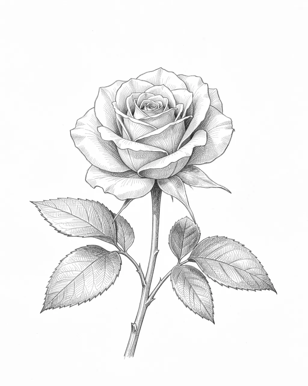 Detailed graphite pencil sketch of a single full-bloom rose with leaves against plain white paper