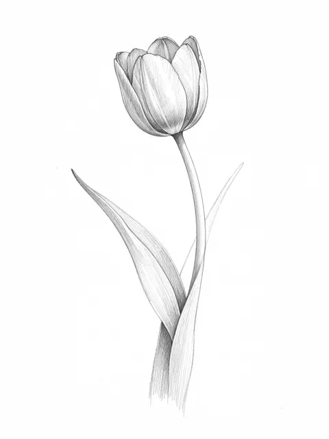 Detailed graphite pencil sketch of a single tulip with curved stem and long leaves on plain white paper